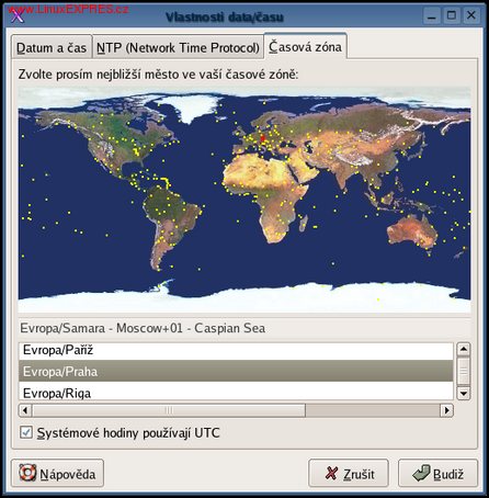 Obrázek:Určení časové zóny, snímek z Fedora Core