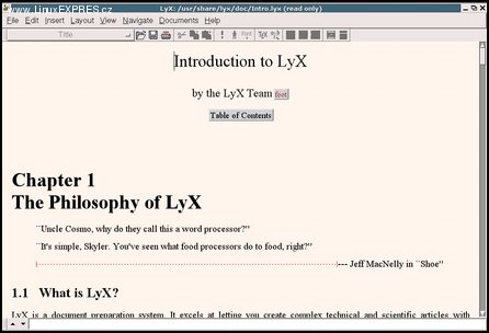 Obrázek 1: Dokument Úvod do Lyxu z menu Help