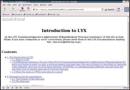 Obrázek 2: Dokument Úvod do Lyxu přeložený jako HTML
